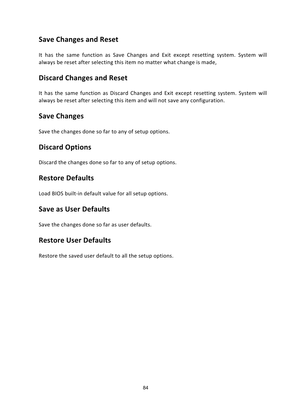 Save changes and reset, Discard changes and reset, Save changes | Discard options, Restore defaults, Save as user defaults, Restore user defaults | ADLINK aTCA-6200A User Manual | Page 84 / 91