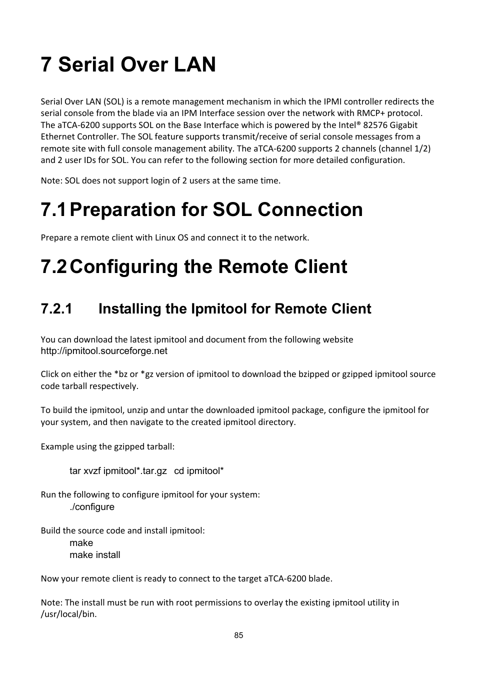 7 serial over lan, 1 preparation for sol connection, 2 configuring the remote client | Serial over lan, Reparation for, Onnection, Onfiguring the, Emote, Lient, Nstalling the | ADLINK aTCA-6200A User Manual | Page 85 / 91