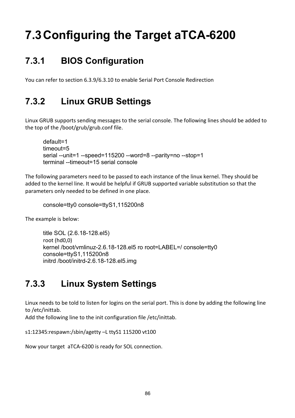 3 configuring the target atca-6200, Onfiguring the, Arget a | Tca-6200, Bios, Onfiguration, Inux, Grub, Ettings, Ystem | ADLINK aTCA-6200A User Manual | Page 86 / 91