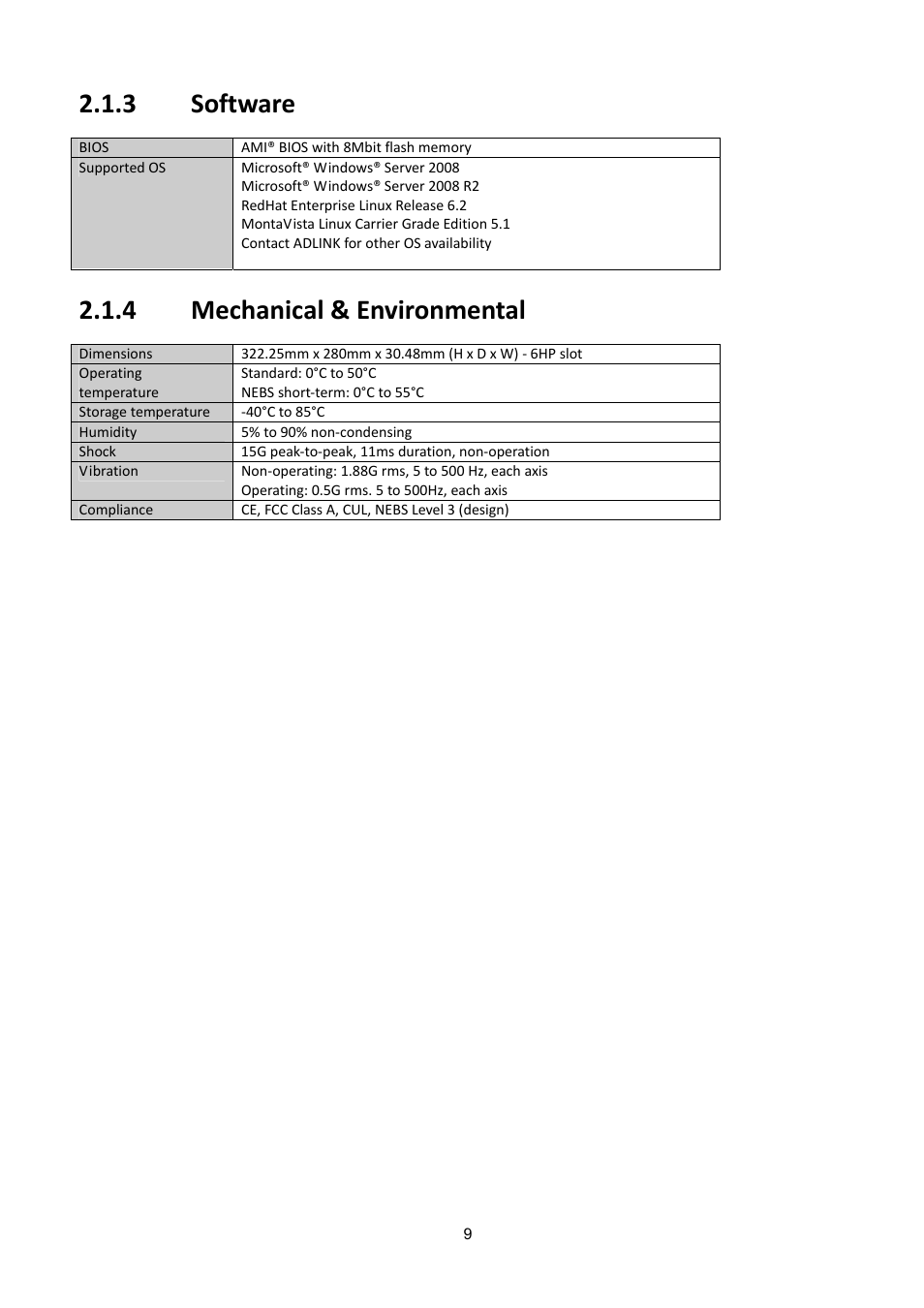 Oftware, Echanical, Nvironmental | 3 software, 4 mechanical & environmental | ADLINK aTCA-6200A User Manual | Page 9 / 91