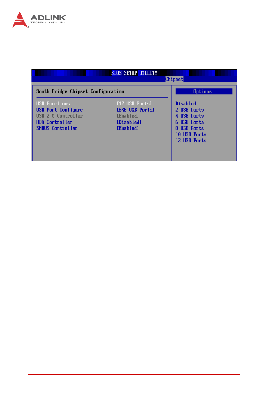 South bridge configuration, Usb functions, Usb port configure | Usb 2.0 controller, Hda controller, Smbus controller | ADLINK aTCA-6155 User Manual | Page 104 / 112