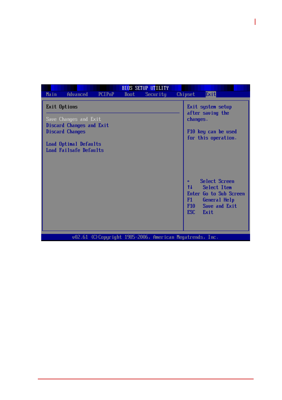8 exit menu, Save changes and exit, Discard changes and exit | Exit menu | ADLINK aTCA-6155 User Manual | Page 105 / 112