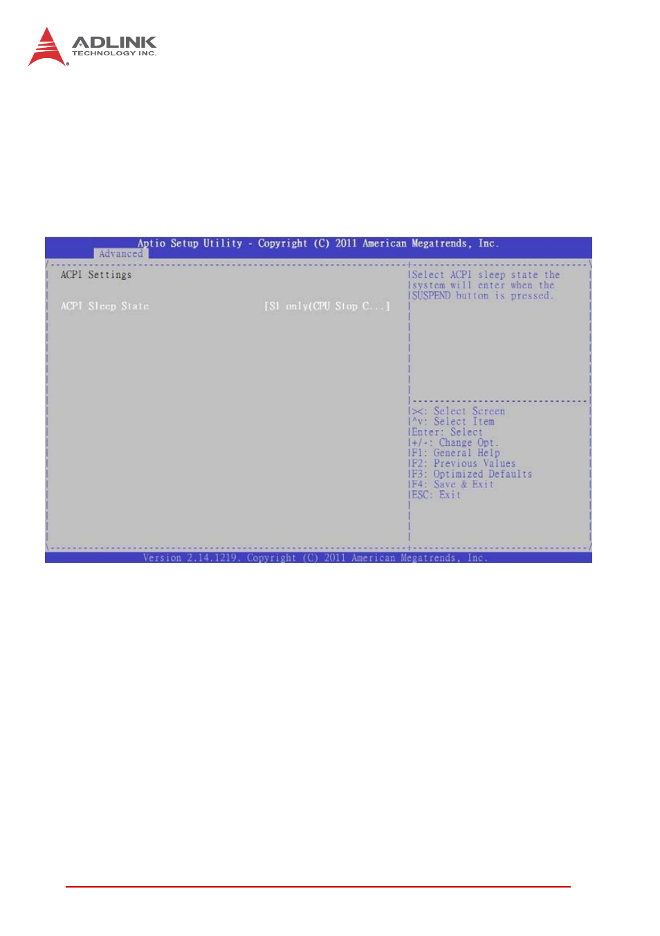 1 acpi settings, Acpi sleep state, S1 only (cpu stop clock) | ADLINK cPCI-3510 Series User Manual | Page 108 / 148