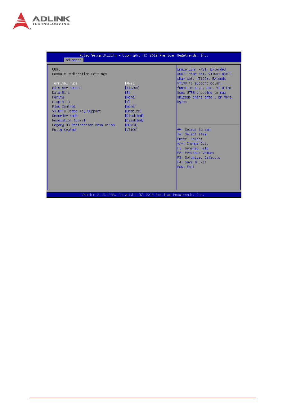 Terminal type, Bits per second, Data bits | Parity | ADLINK cPCI-3510 Series User Manual | Page 120 / 148