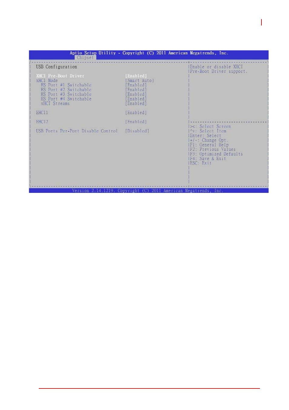 Usb configuration, Xhci pre-boot driver, Xhci mode | Hs port #1/2/3/4 switchable, Xhci stream | ADLINK cPCI-3510 Series User Manual | Page 125 / 148