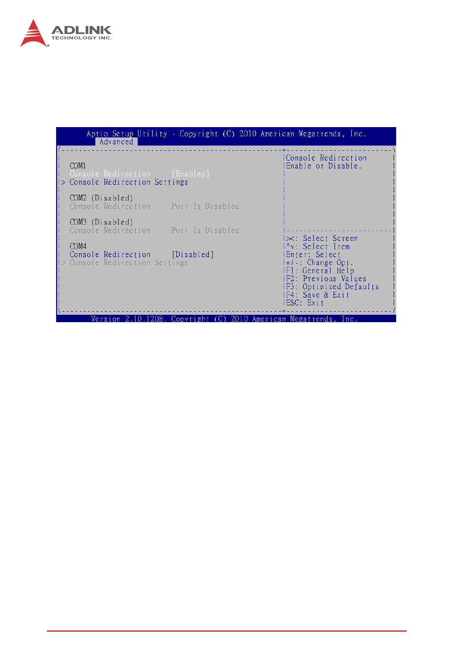 Console redirection, Terminal type, Bits per second | Data bits, Parity, Stop bits | ADLINK cPCI-3970 Series User Manual | Page 132 / 158