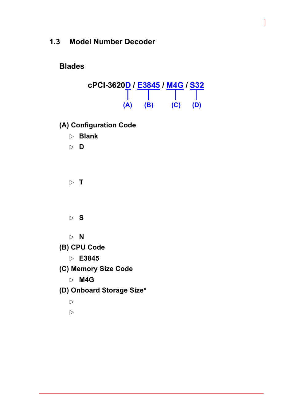 3 model number decoder, Blades, A) configuration code | B) cpu code, C) memory size code, D) onboard storage size, Model number decoder | ADLINK cPCI-3620 User Manual | Page 15 / 102