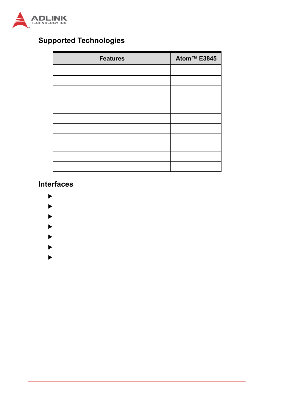 Supported technologies, Interfaces, Supported technologies interfaces | ADLINK cPCI-3620 User Manual | Page 30 / 102