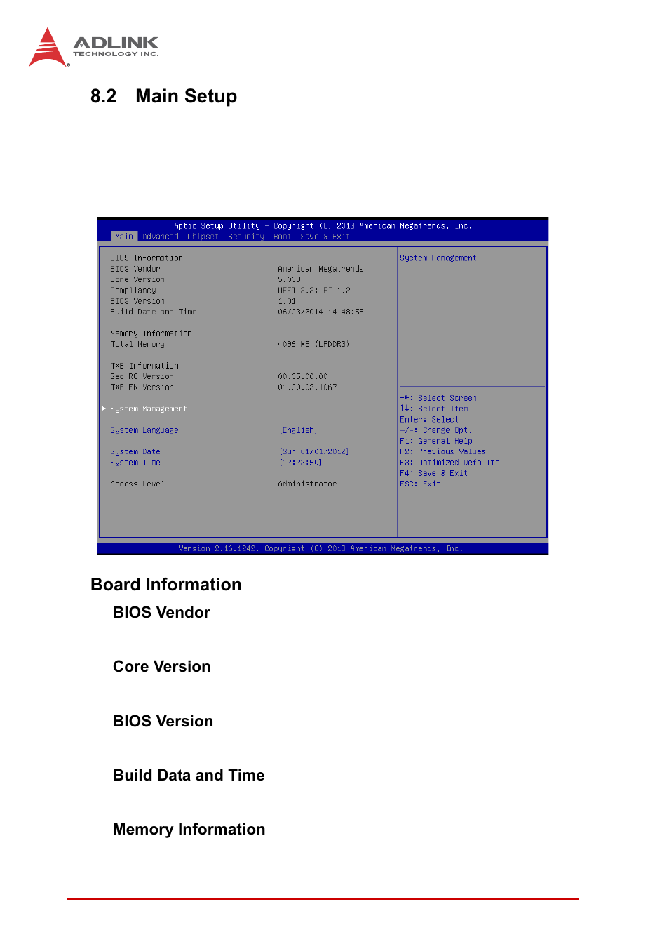 2 main setup, Board information, Main setup | ADLINK cPCI-3620 User Manual | Page 74 / 102