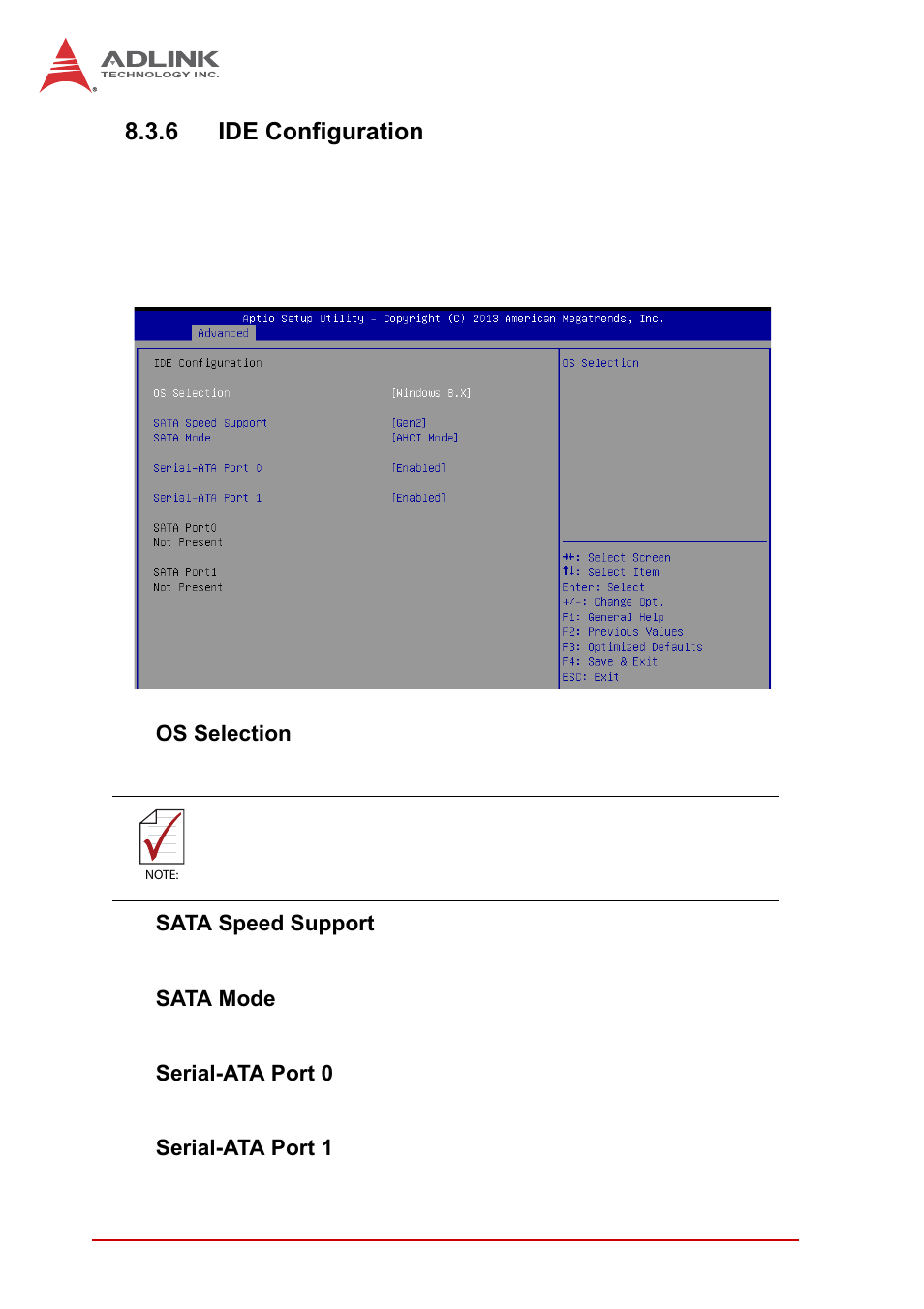 6 ide configuration, Os selection, Sata speed support | Sata mode, Serial-ata port 0, Serial-ata port 1 | ADLINK cPCI-3620 User Manual | Page 86 / 102