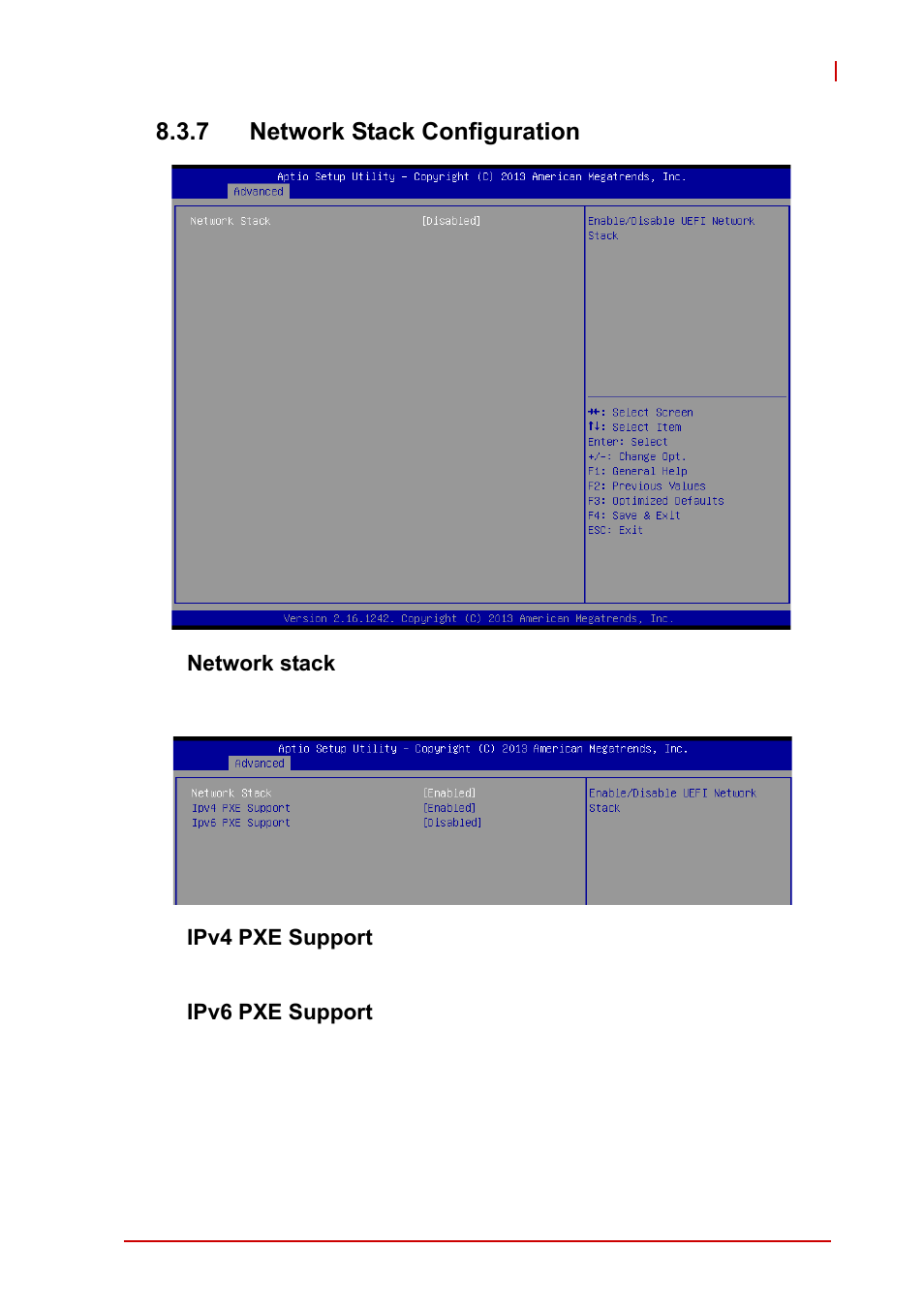 7 network stack configuration, Network stack, Ipv4 pxe support | Ipv6 pxe support | ADLINK cPCI-3620 User Manual | Page 87 / 102