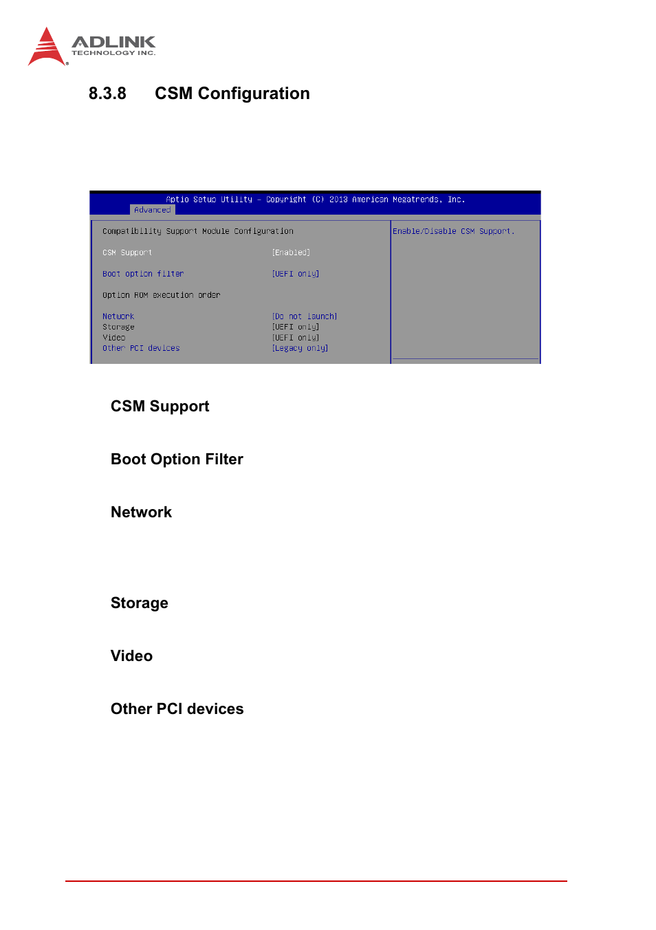 8 csm configuration, Csm support, Boot option filter | Network, Storage, Video, Other pci devices | ADLINK cPCI-3620 User Manual | Page 88 / 102