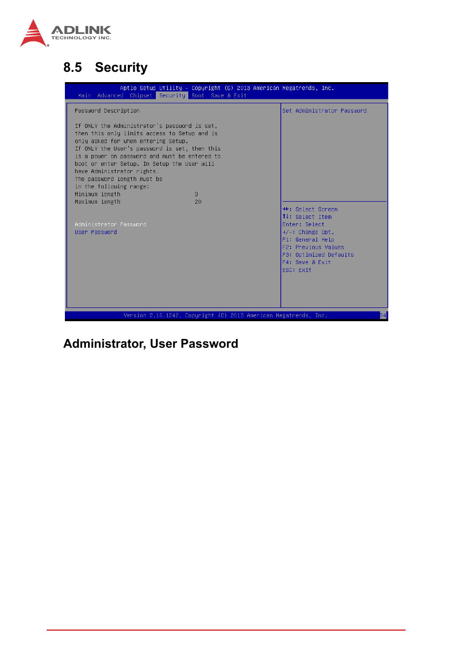 5 security, Administrator, user password, Security | ADLINK cPCI-3620 User Manual | Page 94 / 102