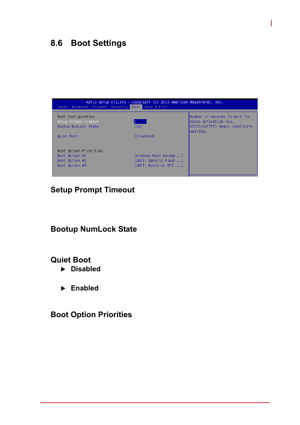 6 boot settings, Setup prompt timeout, Bootup numlock state | Quiet boot, Boot option priorities, Boot settings | ADLINK cPCI-3620 User Manual | Page 95 / 102