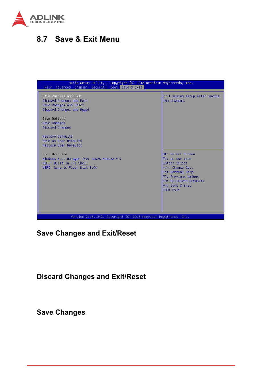 7 save & exit menu, Save changes and exit/reset, Discard changes and exit/reset | Save changes, Save & exit menu | ADLINK cPCI-3620 User Manual | Page 96 / 102