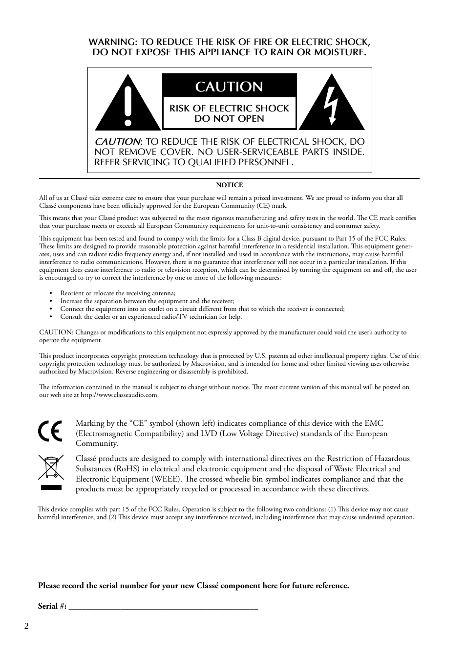 Caution | Classe Audio CP-500 User Manual | Page 2 / 44
