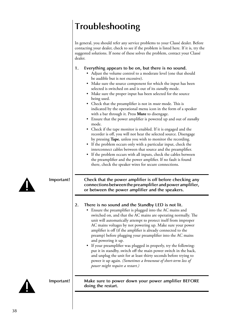 Troubleshooting | Classe Audio CP-500 User Manual | Page 38 / 44