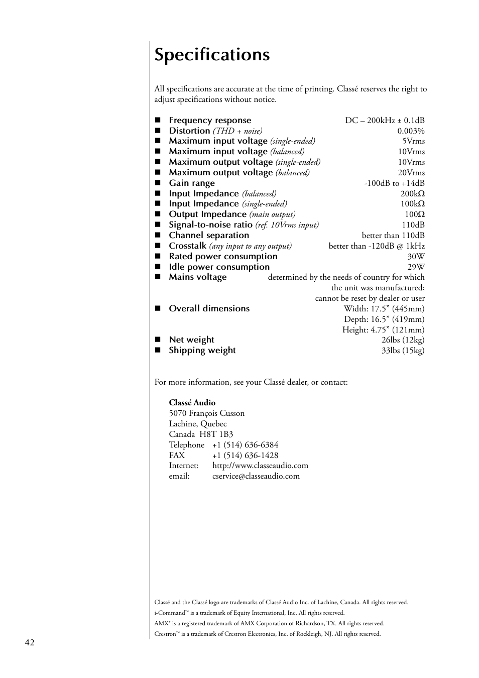 Specifications | Classe Audio CP-500 User Manual | Page 42 / 44