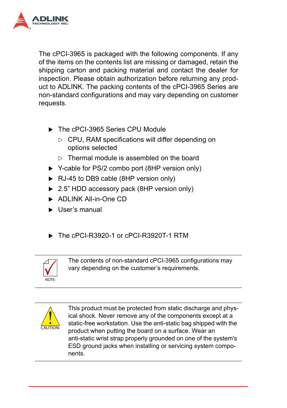 5 package contents, Cpu module, Rear transition module | Package contents | ADLINK cPCI-3965 User Manual | Page 18 / 92