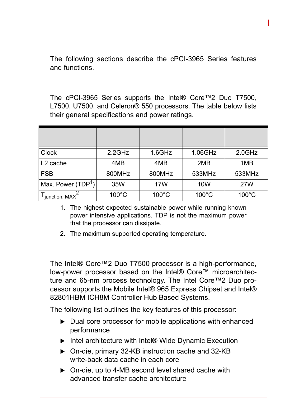 3 functional description, 1 processors, Intel® core™2 duo processor t7500 | Chapter 3, functional description, Descr, 3functional description | ADLINK cPCI-3965 User Manual | Page 25 / 92