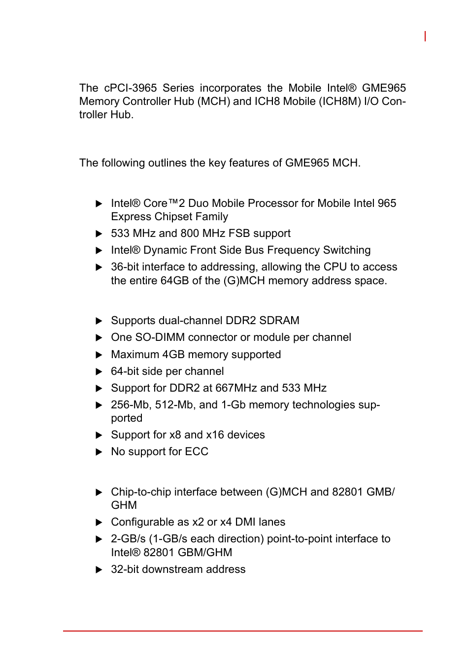 2 chipset, Intel® gme965 memory controller hub, Processor support | System memory support, Direct management interface, Chipset | ADLINK cPCI-3965 User Manual | Page 27 / 92