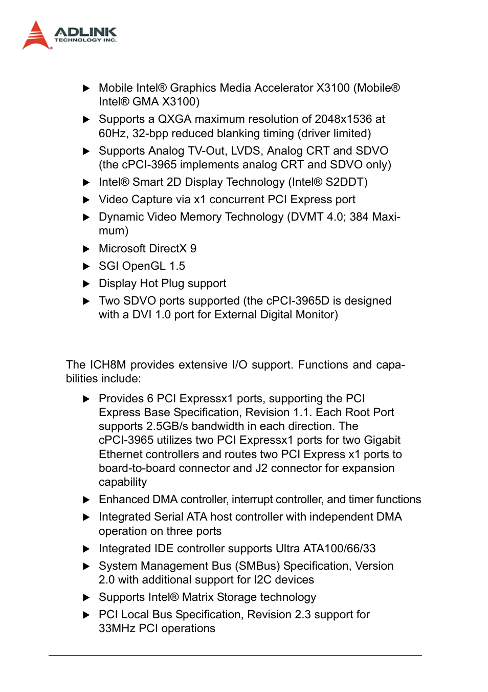 Integrated graphics, Intel® ich8 mobile i/o controller hub | ADLINK cPCI-3965 User Manual | Page 28 / 92