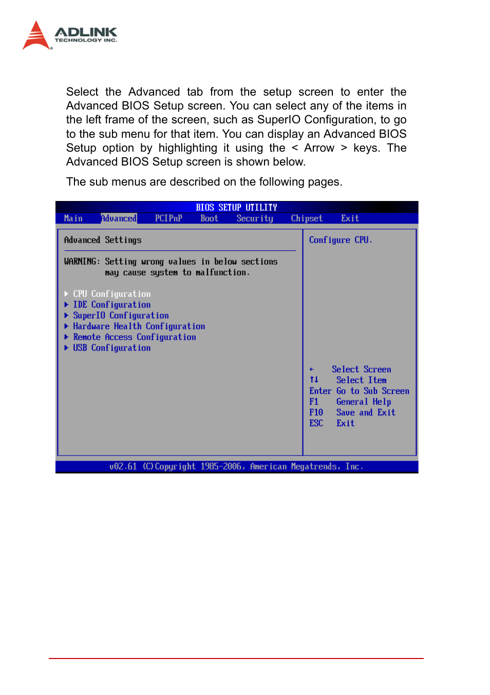 3 advanced bios setup, Advanced bios setup | ADLINK cPCI-3965 User Manual | Page 68 / 92