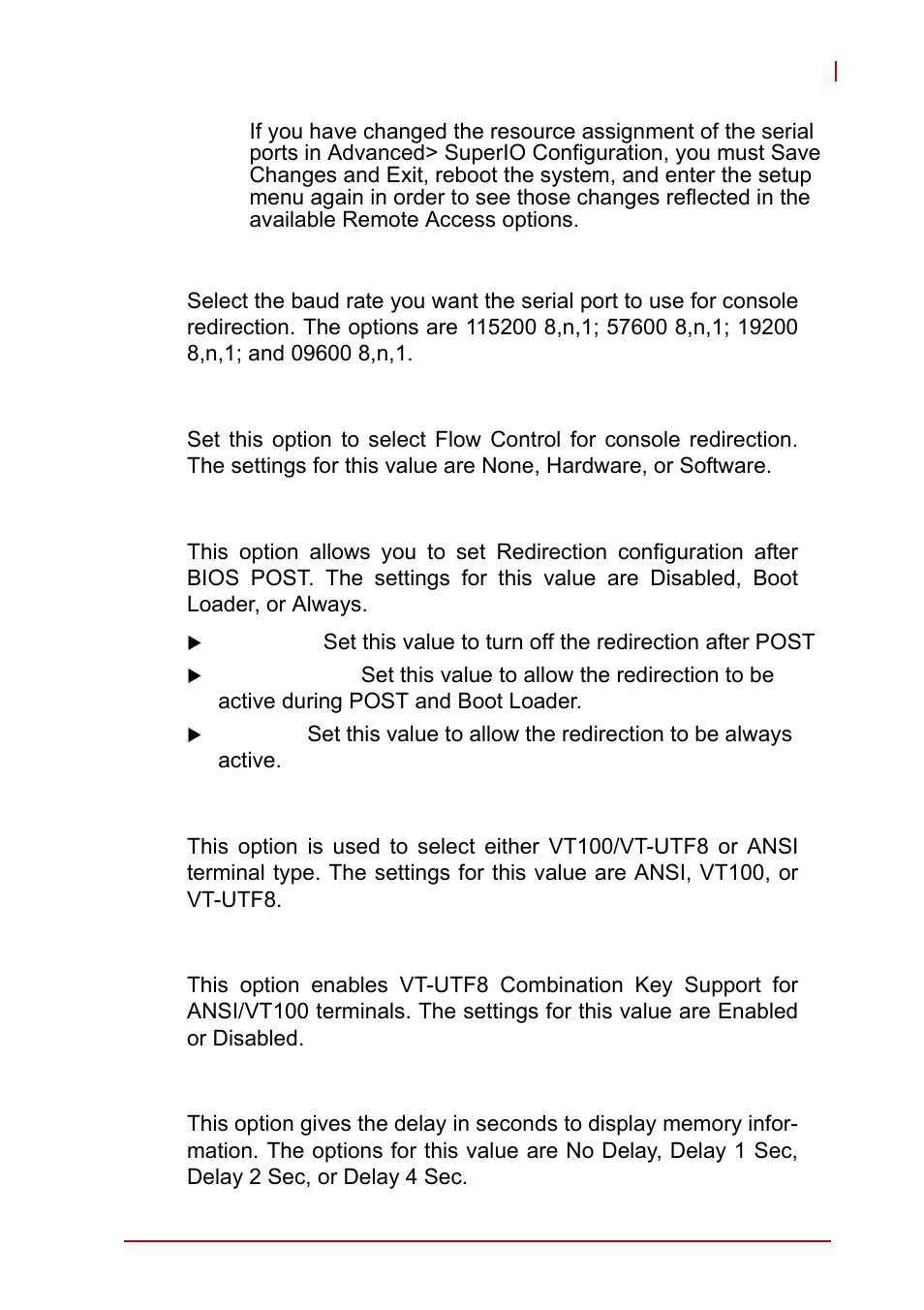 Serial port mode, Flow control, Redirection after bios post | Terminal type, Vt-utf8 combo key support, Sredir memory display delay | ADLINK cPCI-3965 User Manual | Page 75 / 92