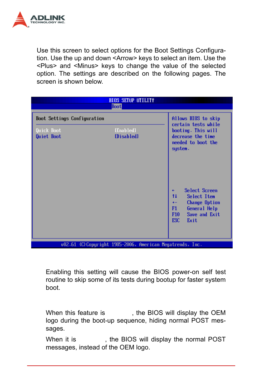 1 boot settings configuration, Quick boot, Quiet boot | ADLINK cPCI-3965 User Manual | Page 80 / 92