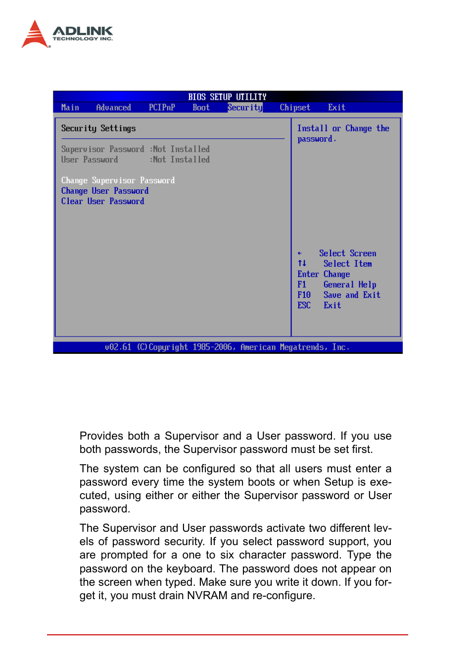 6 security setup, Password support, Two levels of password protection | Security setup | ADLINK cPCI-3965 User Manual | Page 82 / 92