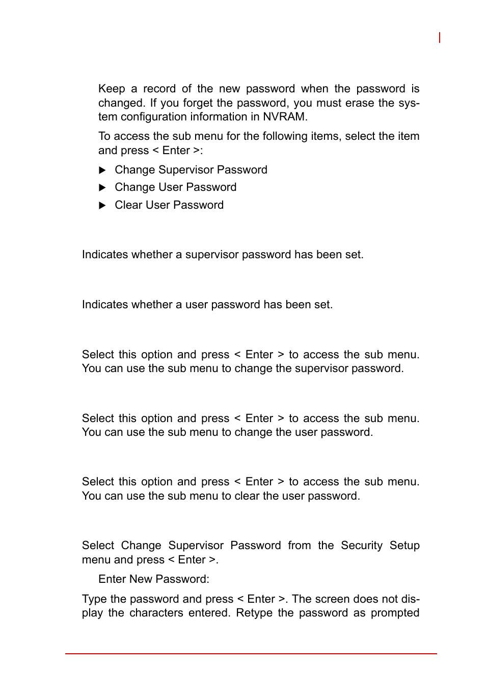 Remember the password, Supervisor password, User password | Change supervisor password, Change user password, Clear user password | ADLINK cPCI-3965 User Manual | Page 83 / 92