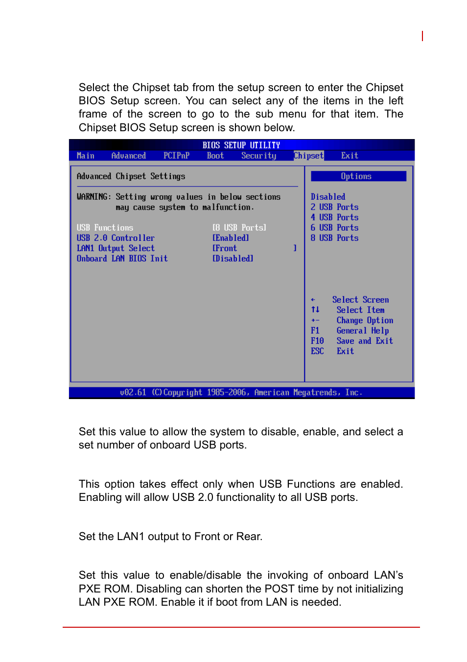 7 chipset setup, Usb functions, Usb 2.0 controller | Lan1 output select, Onboard lan bios init, Chipset setup | ADLINK cPCI-3965 User Manual | Page 85 / 92