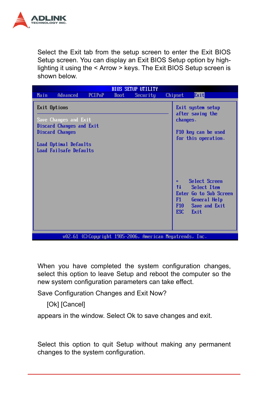 8 exit menu, Save changes and exit, Discard changes and exit | Exit menu | ADLINK cPCI-3965 User Manual | Page 86 / 92