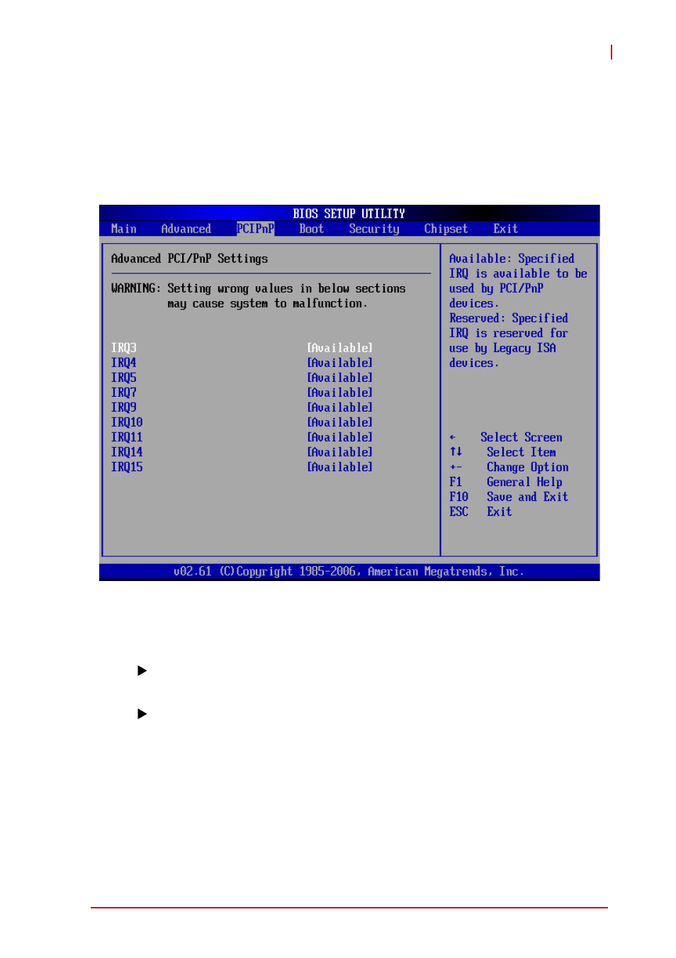 4 advanced pci/pnp settings, Irq channel, Advanced pci/pnp settings | ADLINK CT-31 User Manual | Page 65 / 78