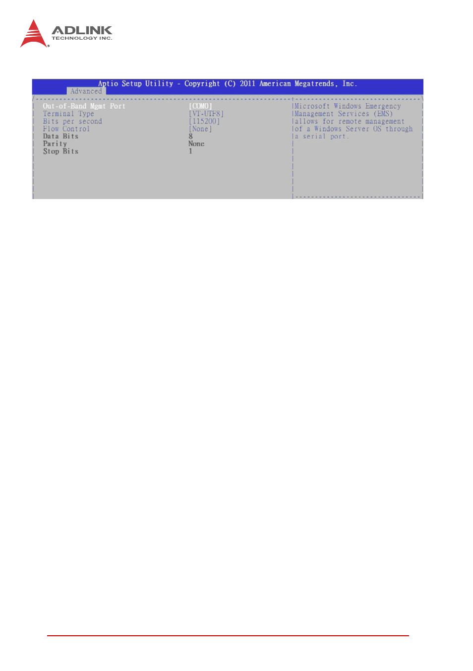 Out-of-band mgmt port, Terminal type, Bits per second | Flow control, Data bits | ADLINK cPCI-6520 User Manual | Page 100 / 130