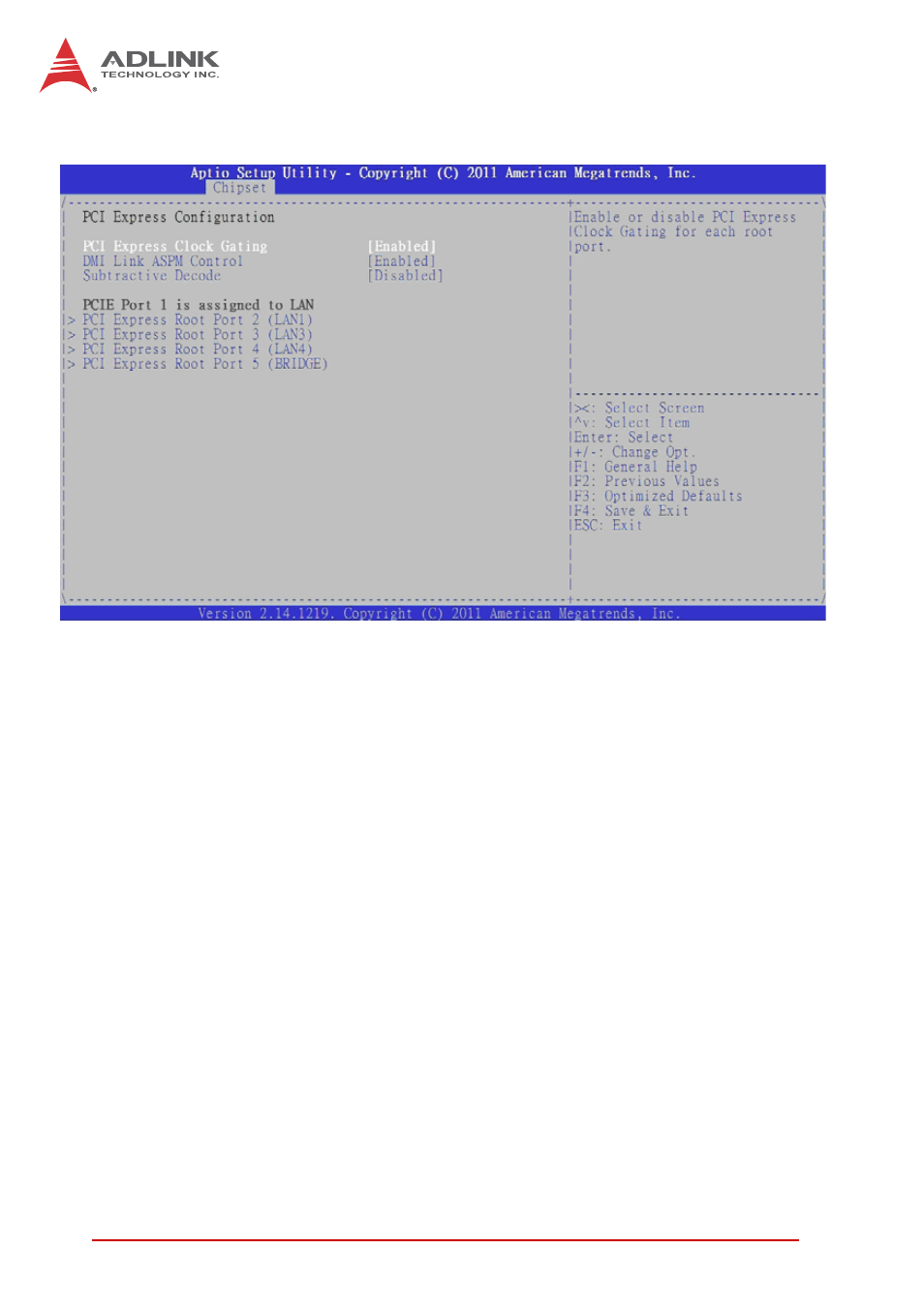 Pci express configuration, Pci express clock gating, Dmi link aspm control | Subtractive decode, Pci express root port 2~5 | ADLINK cPCI-6520 User Manual | Page 104 / 130