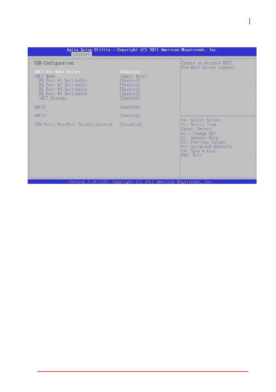 Usb configuration, Xhci pre-boot driver, Xhci mode | Hs port #1/2/3/4 switchable, Xhci stream | ADLINK cPCI-6520 User Manual | Page 105 / 130