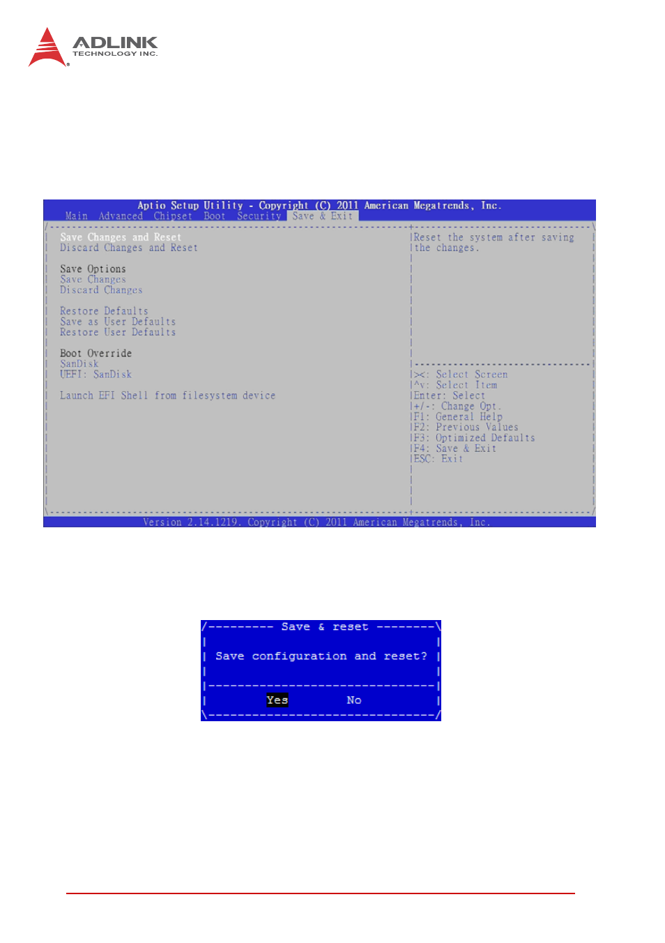 7 save & exit menu, Save changes and reset, Save & exit menu | ADLINK cPCI-6520 User Manual | Page 114 / 130