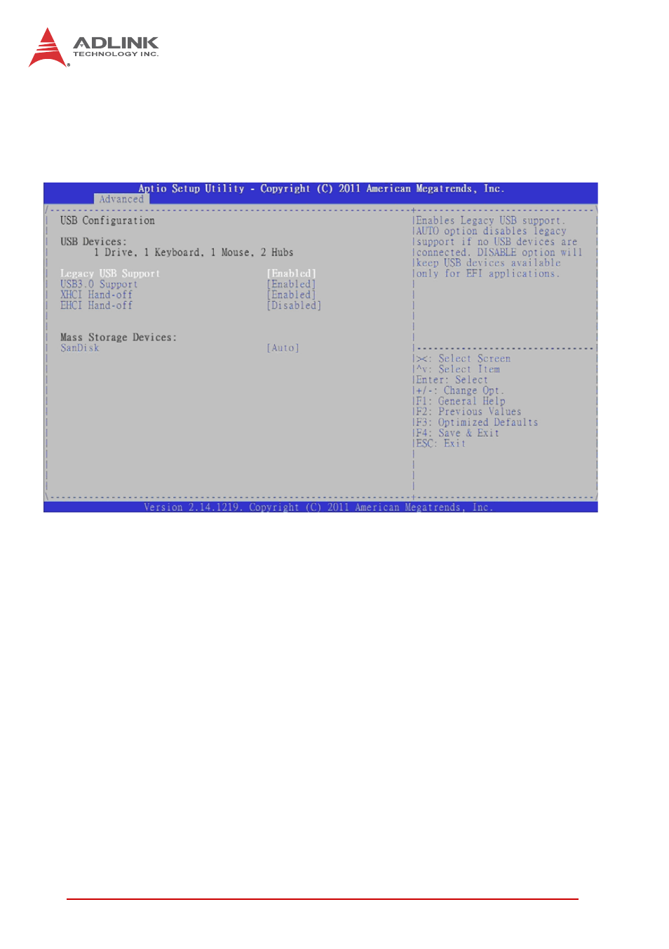 8 usb configuration, Legacy usb support, Usb 3.0 support | Xhci hand-off | ADLINK cPCI-6520 User Manual | Page 94 / 130