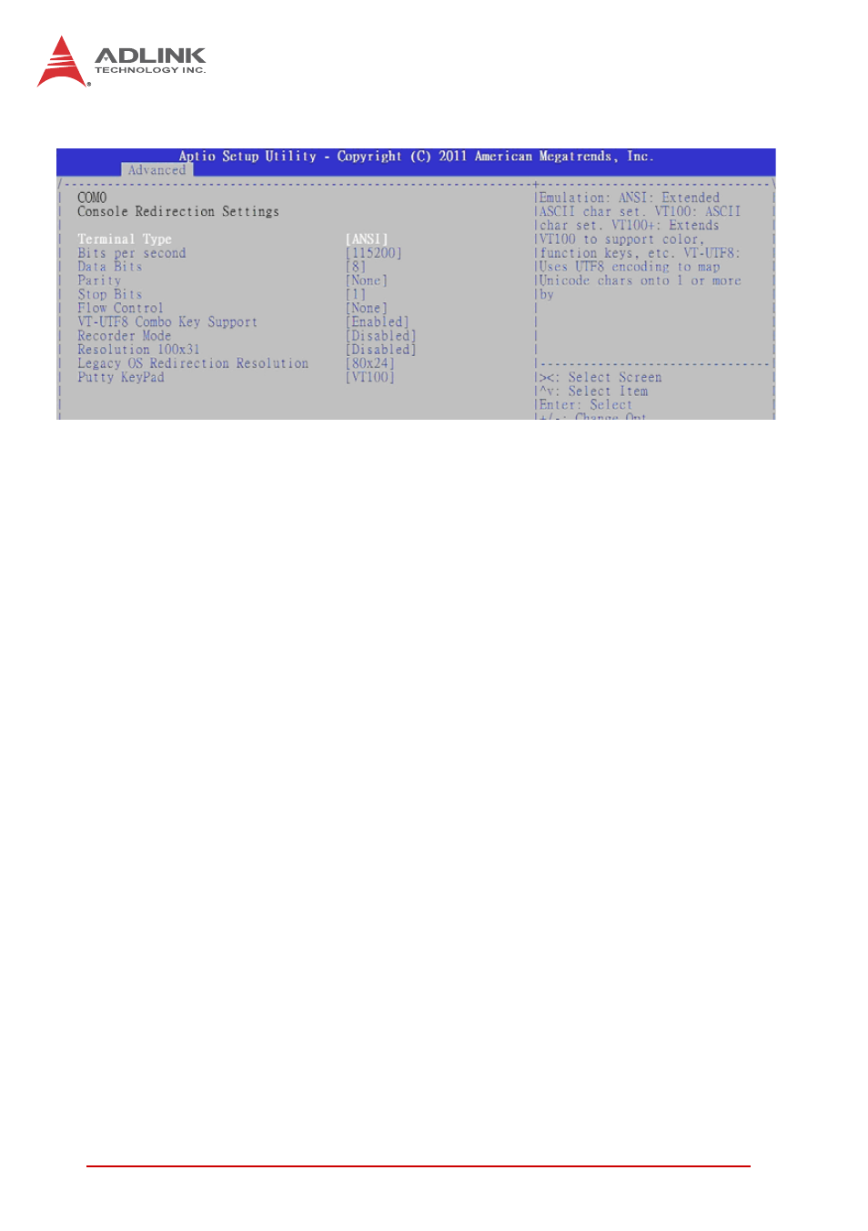 Terminal type, Bits per second, Data bits | Parity, Stop bits | ADLINK cPCI-6520 User Manual | Page 98 / 130