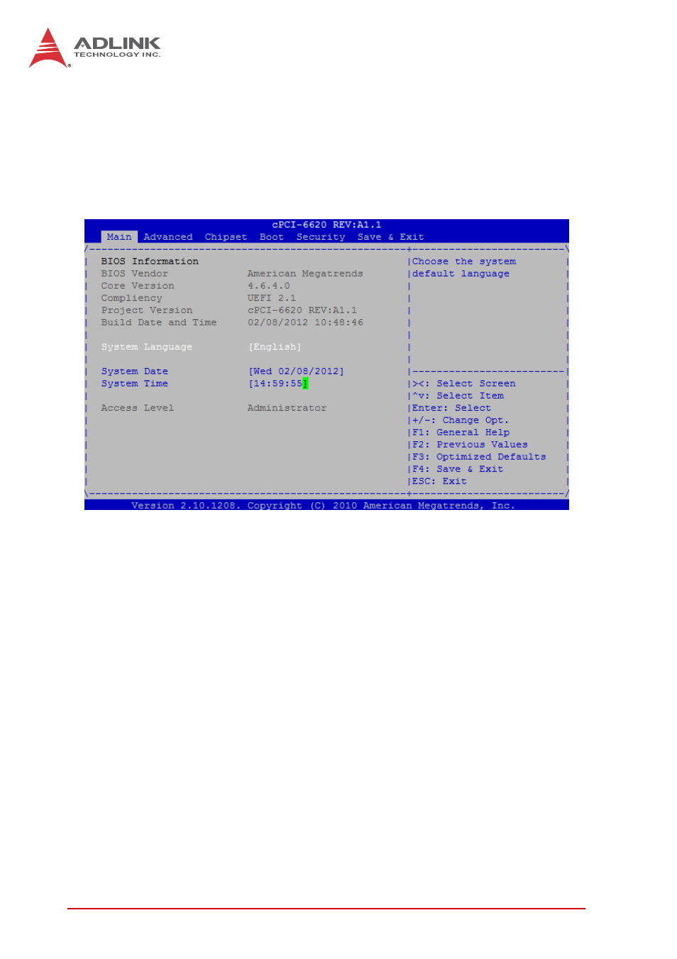 2 main setup, Bios information, System date/time | Main setup | ADLINK cPCI-6620 User Manual | Page 52 / 80