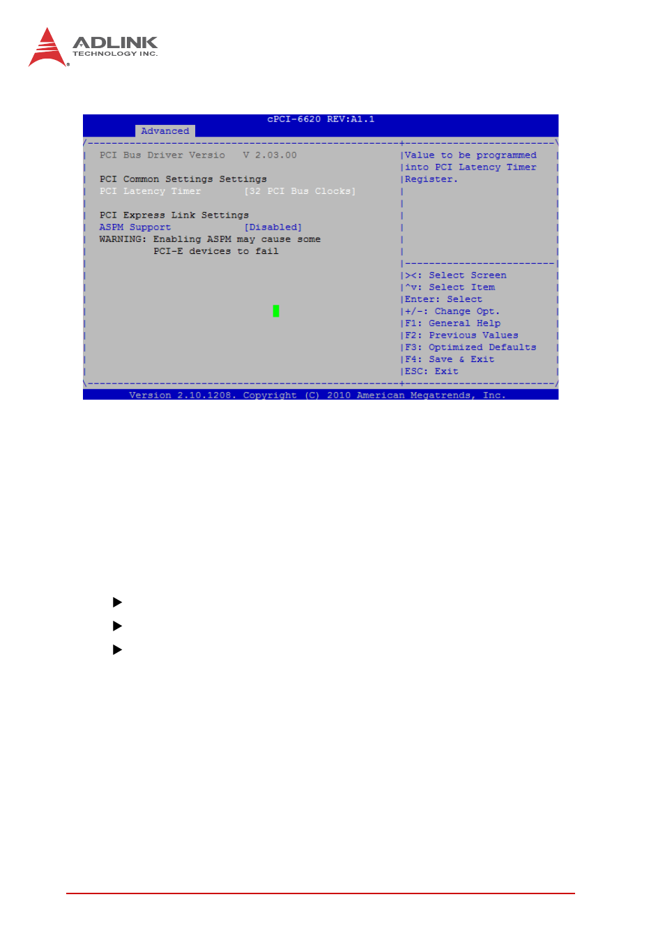 1 pci subsystem settings, Pci latency timer, Aspm support | ADLINK cPCI-6620 User Manual | Page 54 / 80