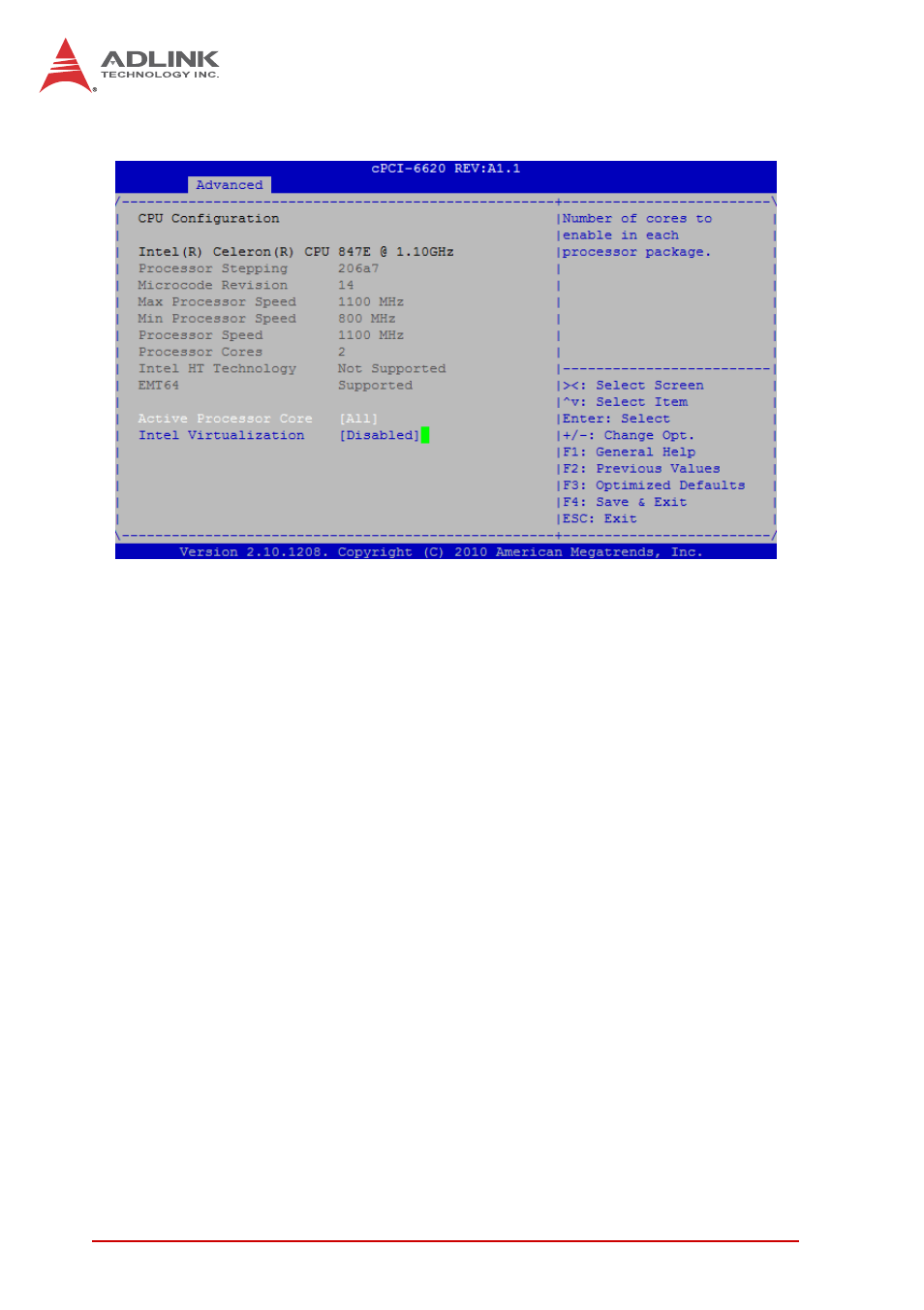 3 cpu configuration, Active processor cores, Intel virtualization | ADLINK cPCI-6620 User Manual | Page 56 / 80