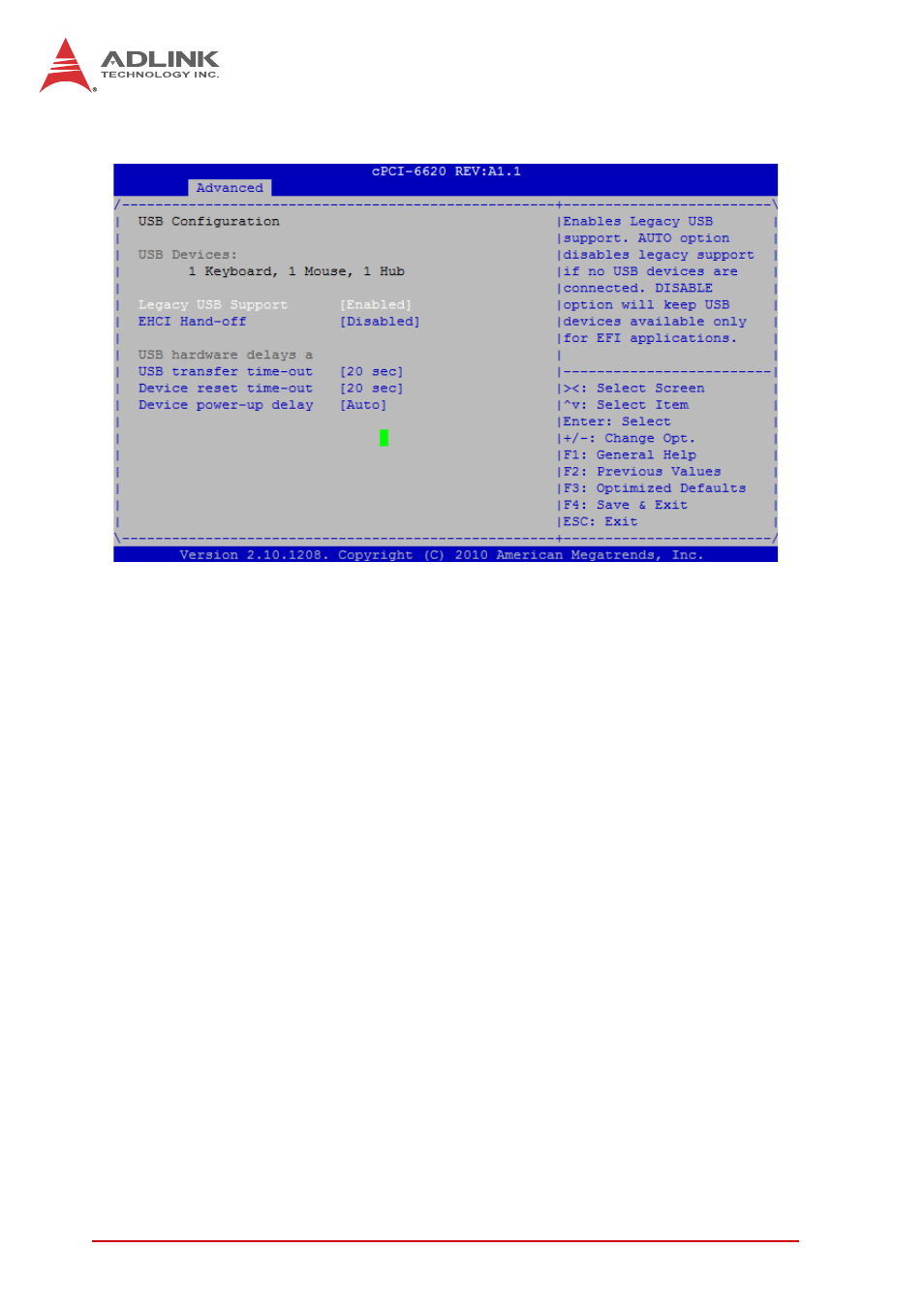 5 usb configuration, Legacy usb support, Ehci hand-off | Usb transfer time-out | ADLINK cPCI-6620 User Manual | Page 58 / 80