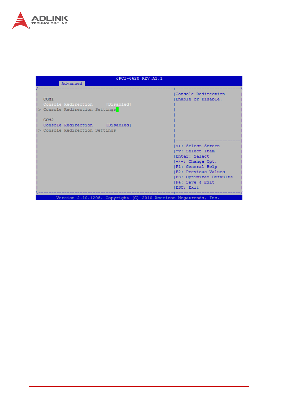 8 serial port console redirection, Console redirection | ADLINK cPCI-6620 User Manual | Page 62 / 80