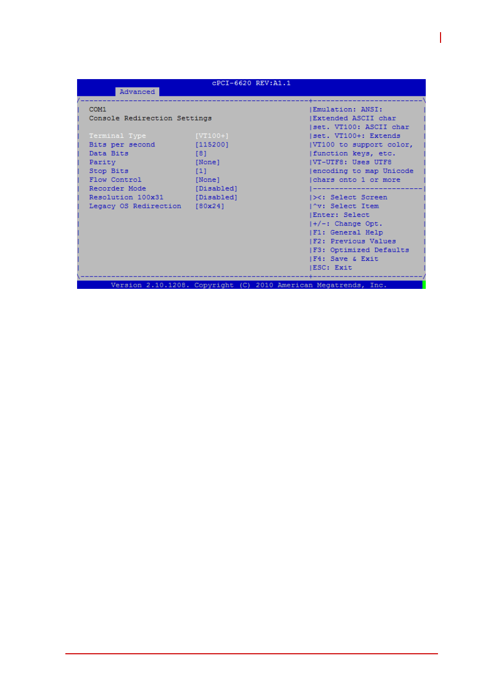 Console redirection settings, Terminal type, Bits per second | Data bits, Parity, Stop bits | ADLINK cPCI-6620 User Manual | Page 63 / 80