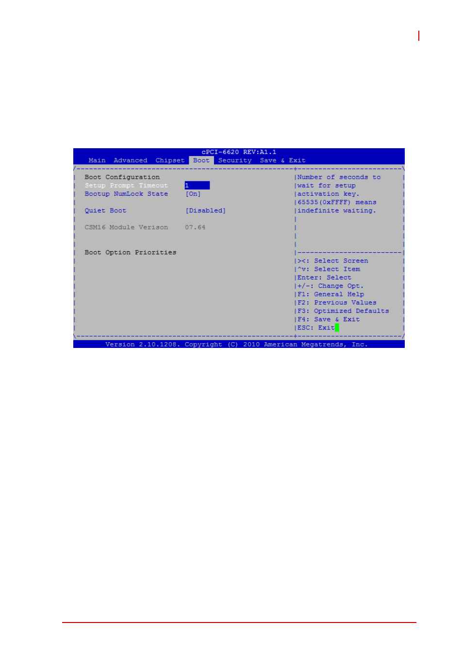 5 boot configuration, Setup prompt timeout, Bootup num-lock | Quiet boot, Boot configuration | ADLINK cPCI-6620 User Manual | Page 73 / 80