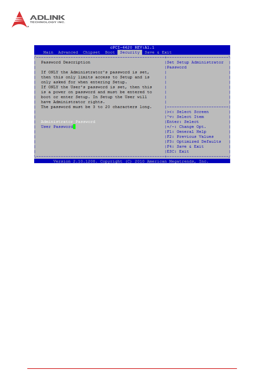 6 security setup, Administrator password, User password | Security setup | ADLINK cPCI-6620 User Manual | Page 74 / 80