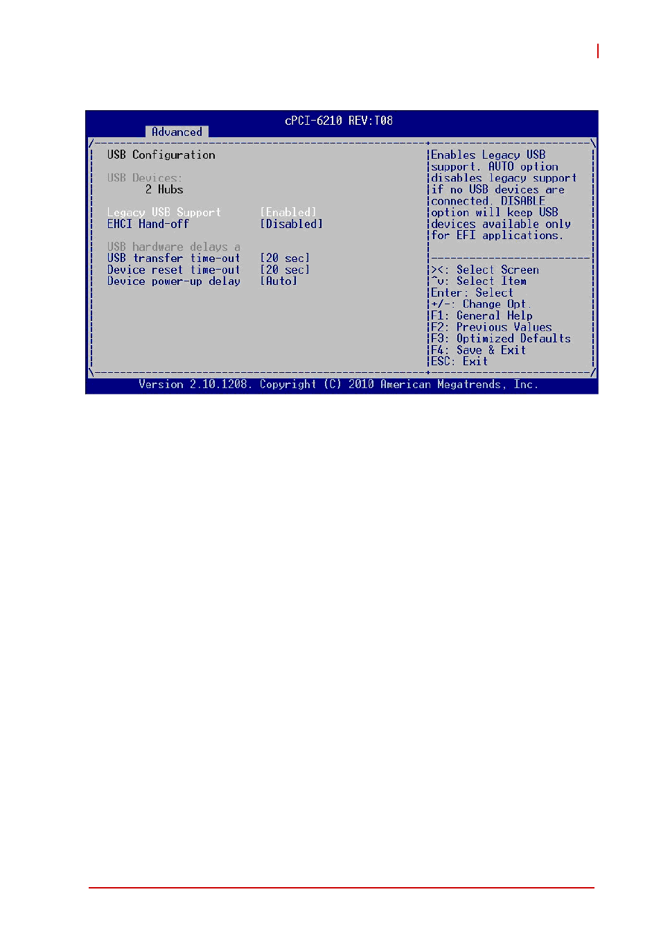 7 usb configuration, Legacy usb support, Ehci hand-off | Usb transfer time-out | ADLINK cPCI-6210 User Manual | Page 107 / 140