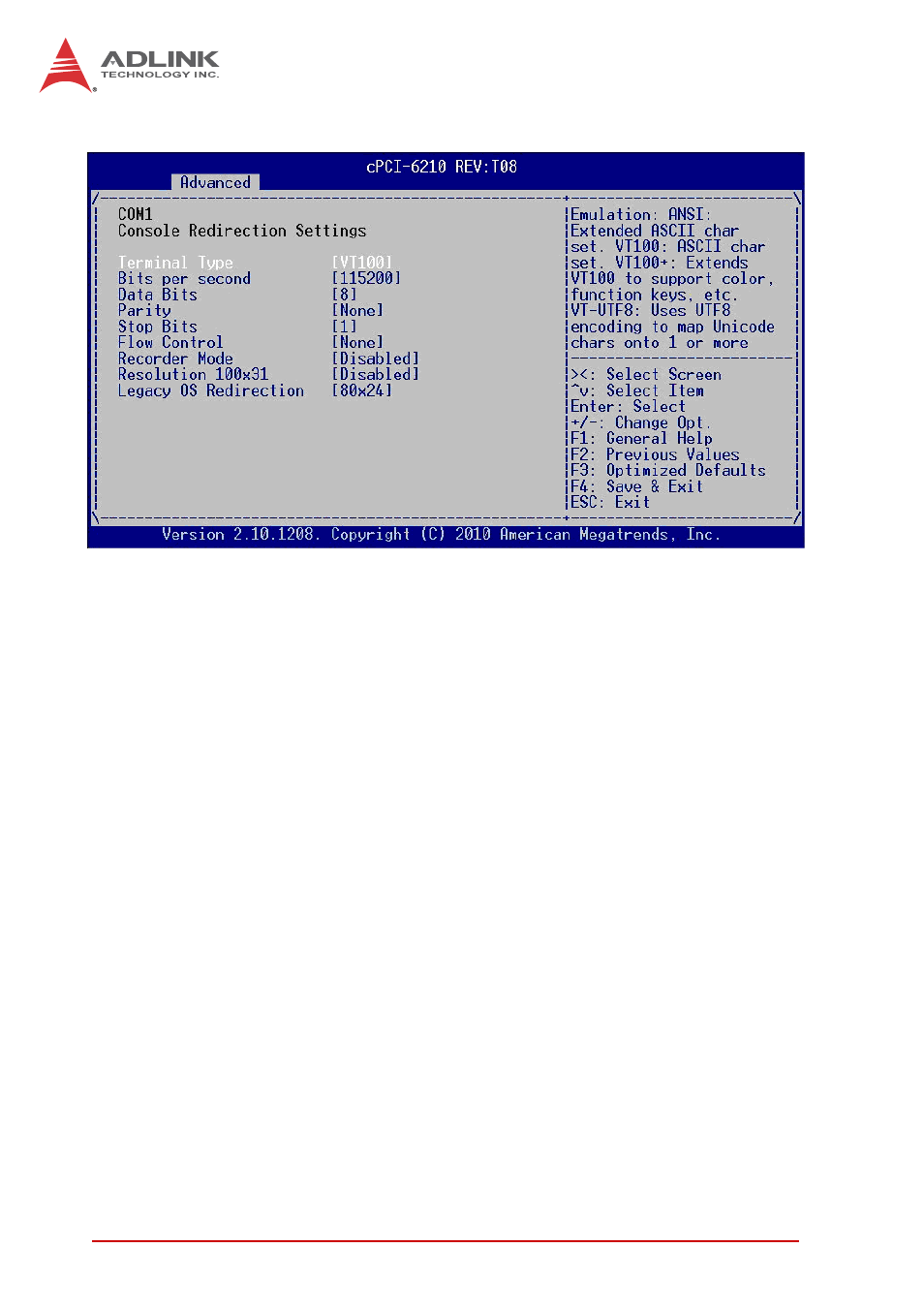 Console redirection settings, Terminal type, Bits per second | Data bits, Parity, Stop bits | ADLINK cPCI-6210 User Manual | Page 112 / 140